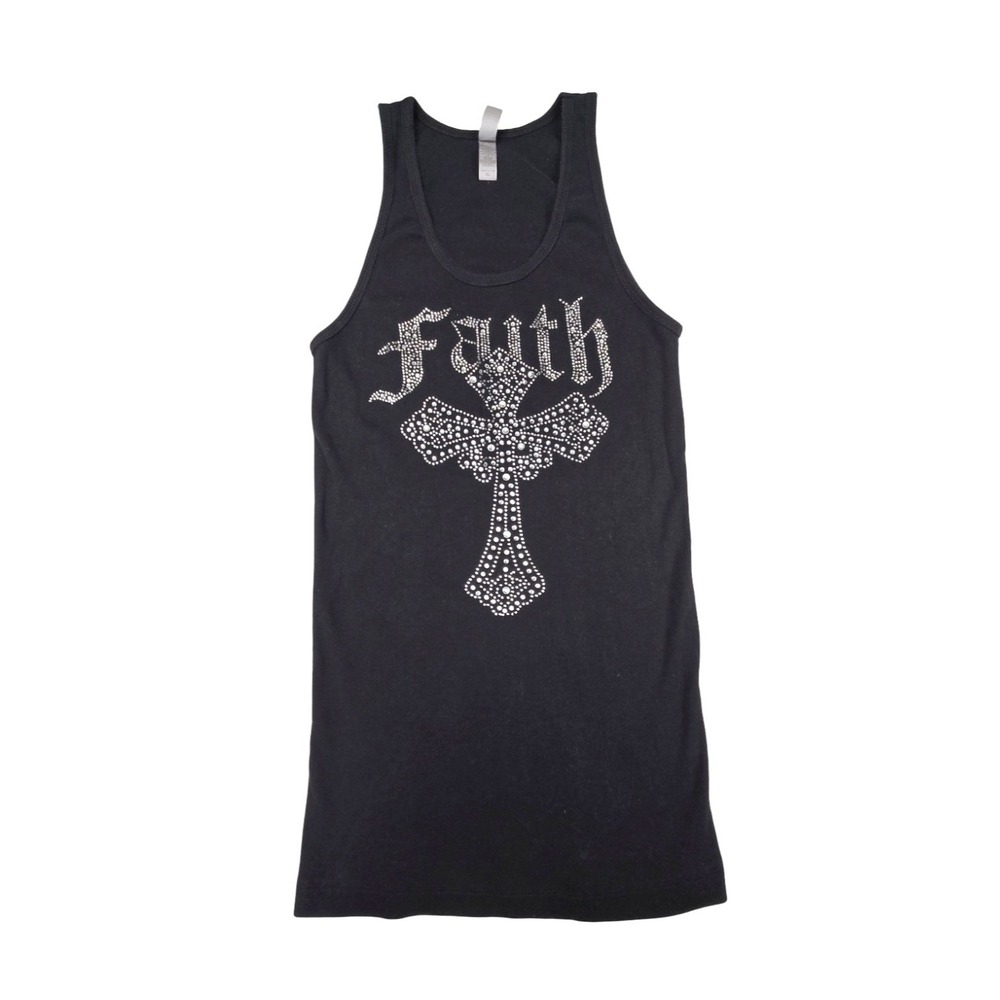 Y2K style Black Faith Cross Rhinestone Ribbed Tank Top XL Indie Sleaze Alt Goth